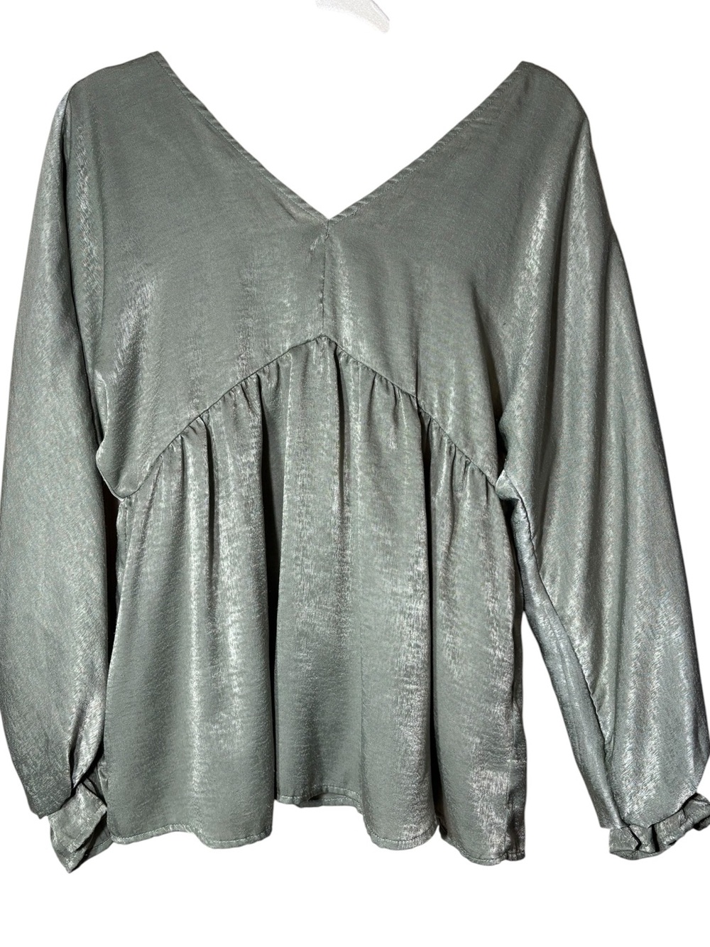 SAVANNA JANE | Womens Sage V-Neck Peplum Babydoll Blouse S Boho Shimmer Tie Back - Picture 2 of 11